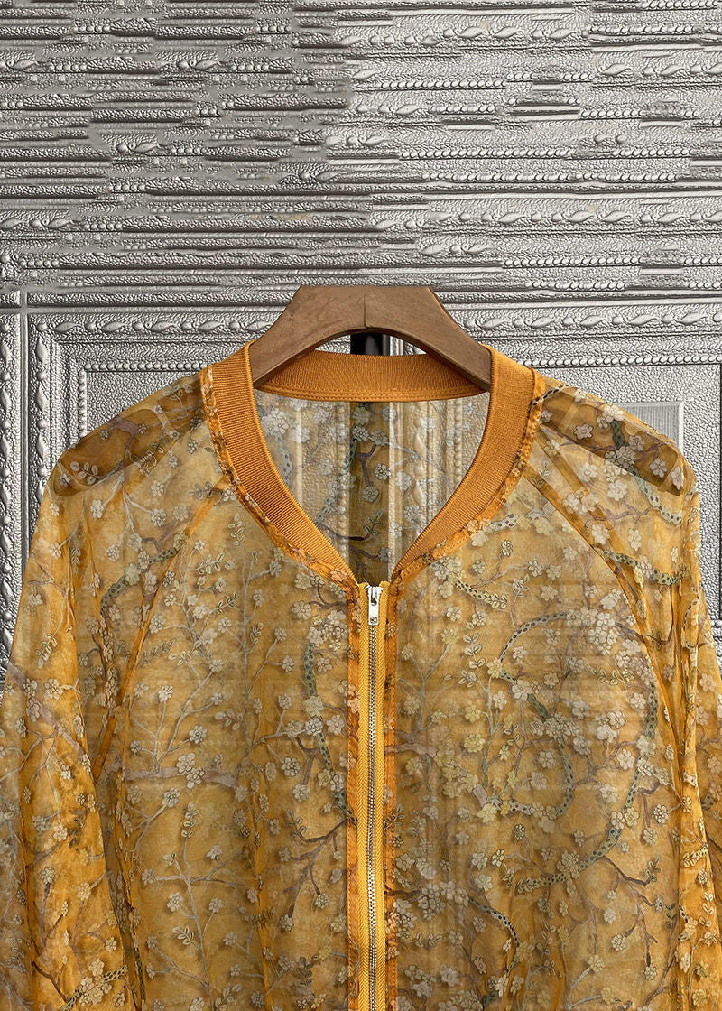 New Yellow Embroideried Zippered Patchwork Silk Thin Coats Long Sleeve