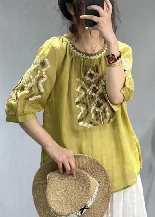 New Yellow O-Neck Embroideried Patchwork Cotton T Shirt Half Sleeve