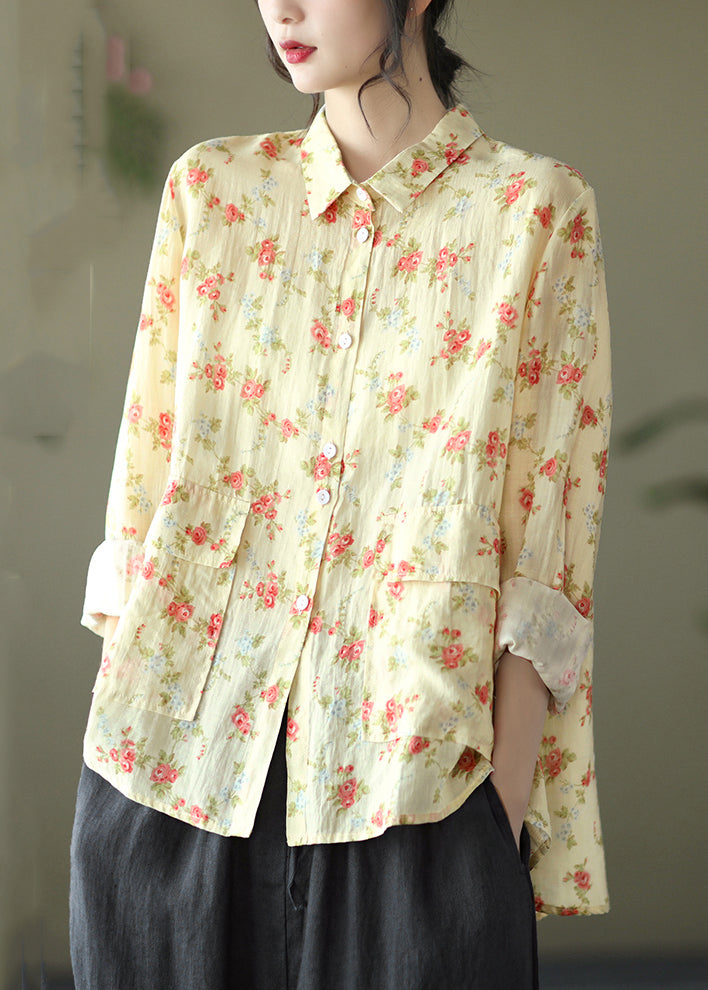 New Yellow Peter Pan Collar Print Linen Blouses Spring