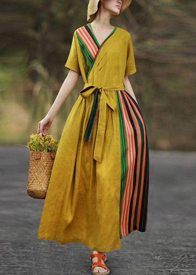 New Yellow Pockets Tie Waist Patchwork Cotton Long Dresses Summer