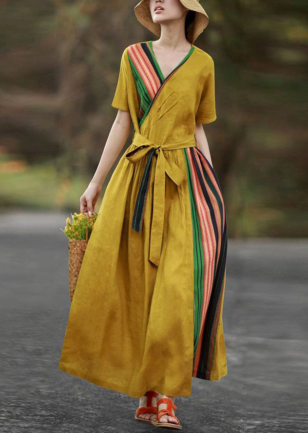 New Yellow Pockets Tie Waist Patchwork Cotton Long Dresses Summer