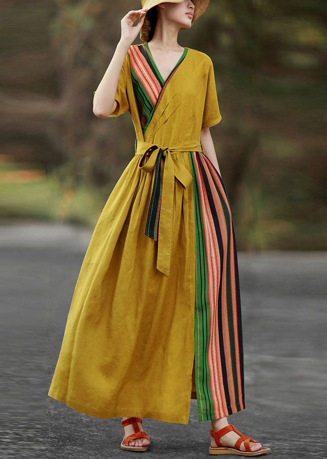 New Yellow Pockets Tie Waist Patchwork Cotton Long Dresses Summer