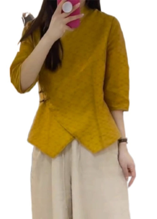 New Yellow Stand Collar Button Patchwork Cotton Tops Half Sleeve