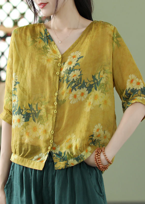 New Yellow V Neck Print Cotton T Shirt Half Sleeve