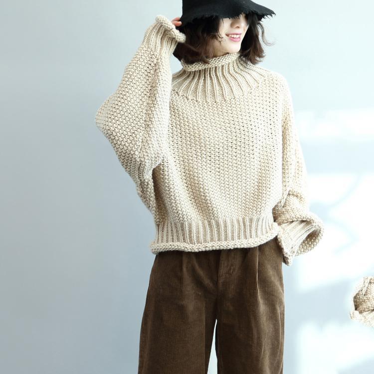 New beige cozy sweater casual high neck pullover Elegant tops - Omychic