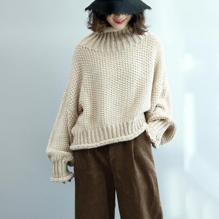 New beige cozy sweater casual high neck pullover Elegant tops - Omychic