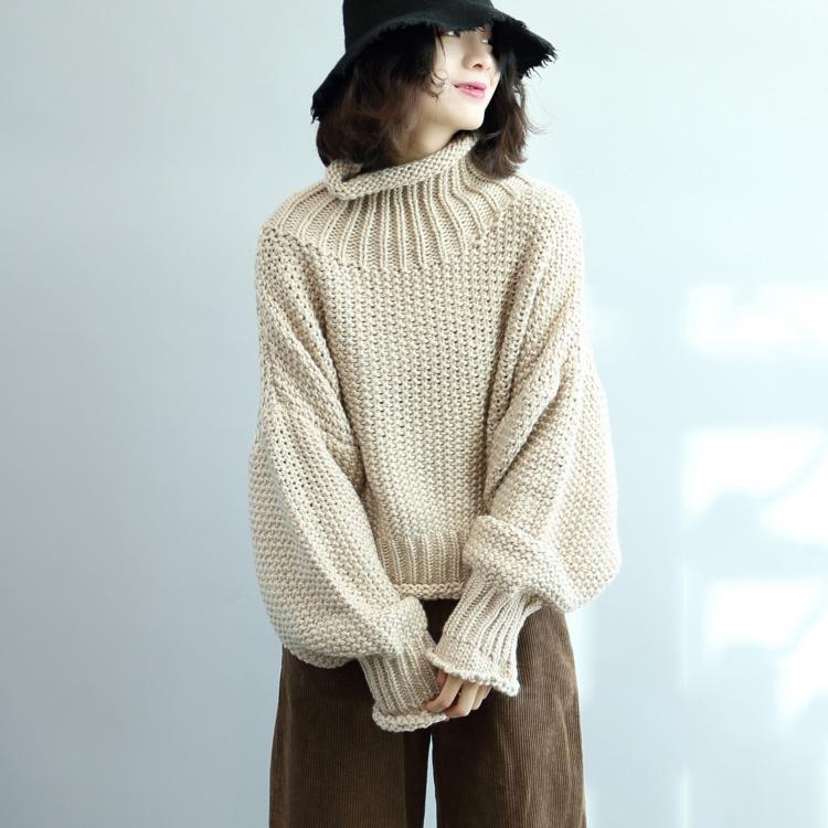 New beige cozy sweater casual high neck pullover Elegant tops - Omychic