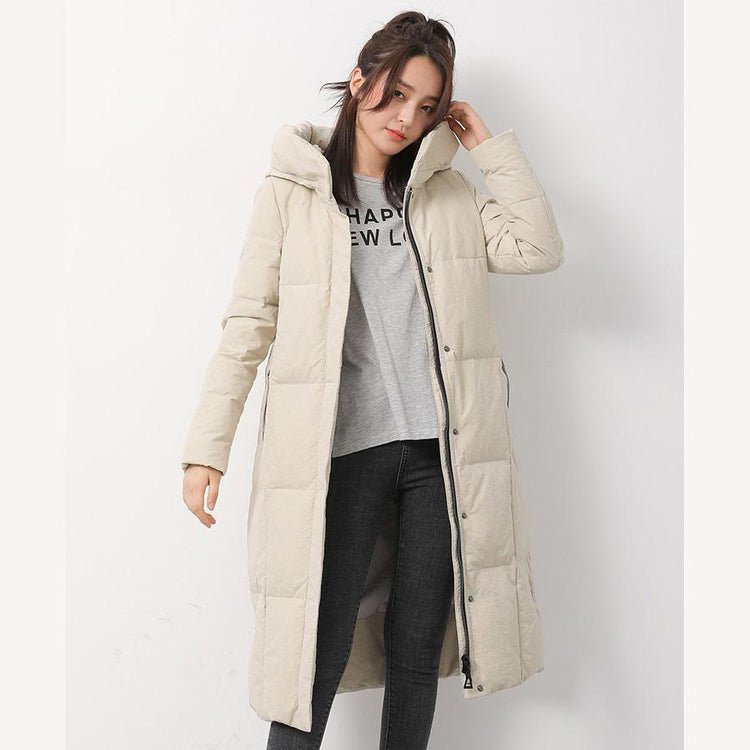New beige white down jacket woman Loose fitting hooded snow jackets side open Jackets - Omychic