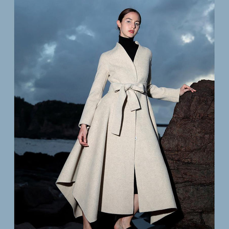 New beige woolen outwear casual Coats V neck coattie waist asymmetric coats - Omychic