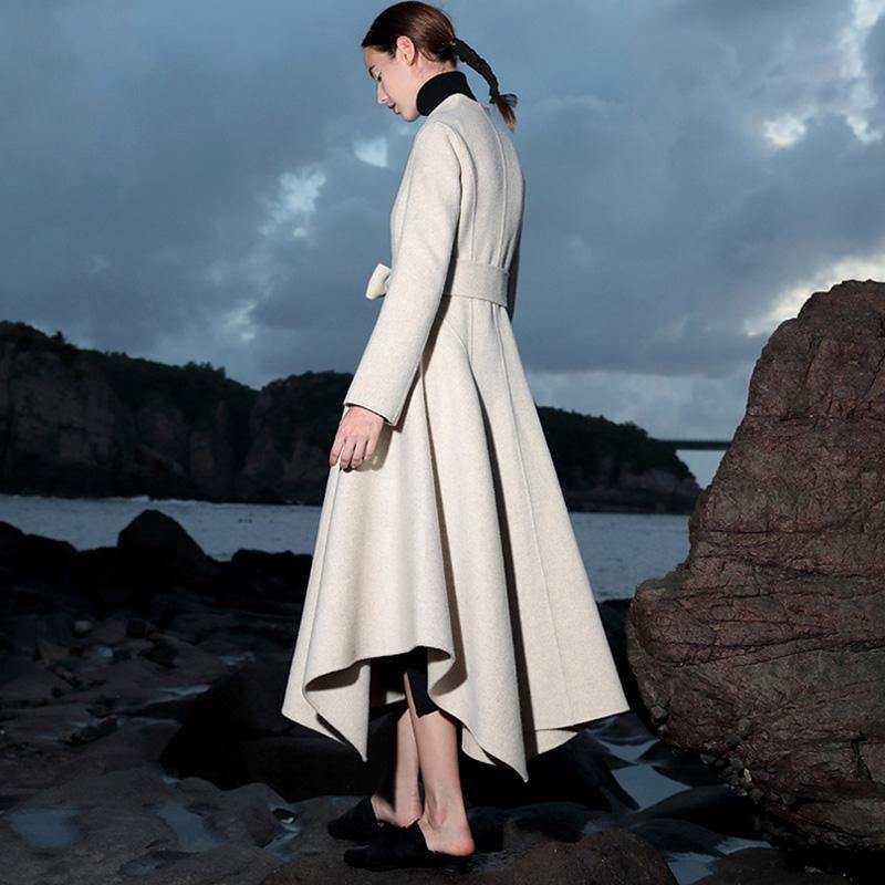 New beige woolen outwear casual Coats V neck coattie waist asymmetric coats - Omychic