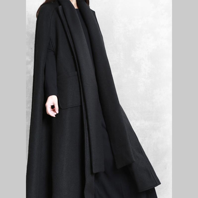 New black Woolen Coats Loose fitting long coat winter jackets Multiple wearing methods - Omychic