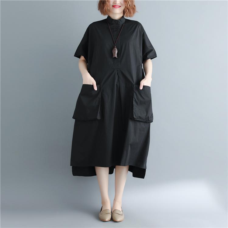 New black cotton dresses Loose fitting Stand baggy dresses traveling clothing New short sleeve pockets maxi dresses - Omychic
