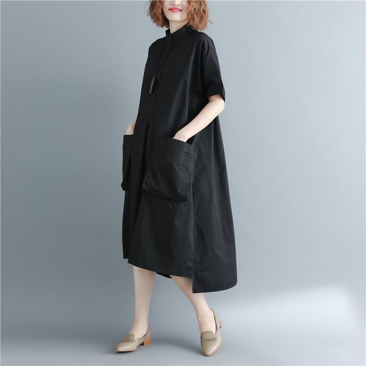 New black cotton dresses Loose fitting Stand baggy dresses traveling clothing New short sleeve pockets maxi dresses - Omychic