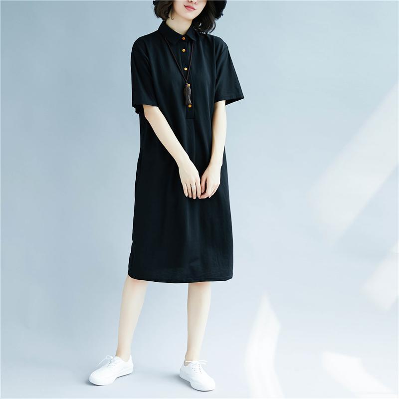 New black cotton shift dresses trendy plus size cotton dress top quality short sleeve Turn-down Collar cotton dress - Omychic