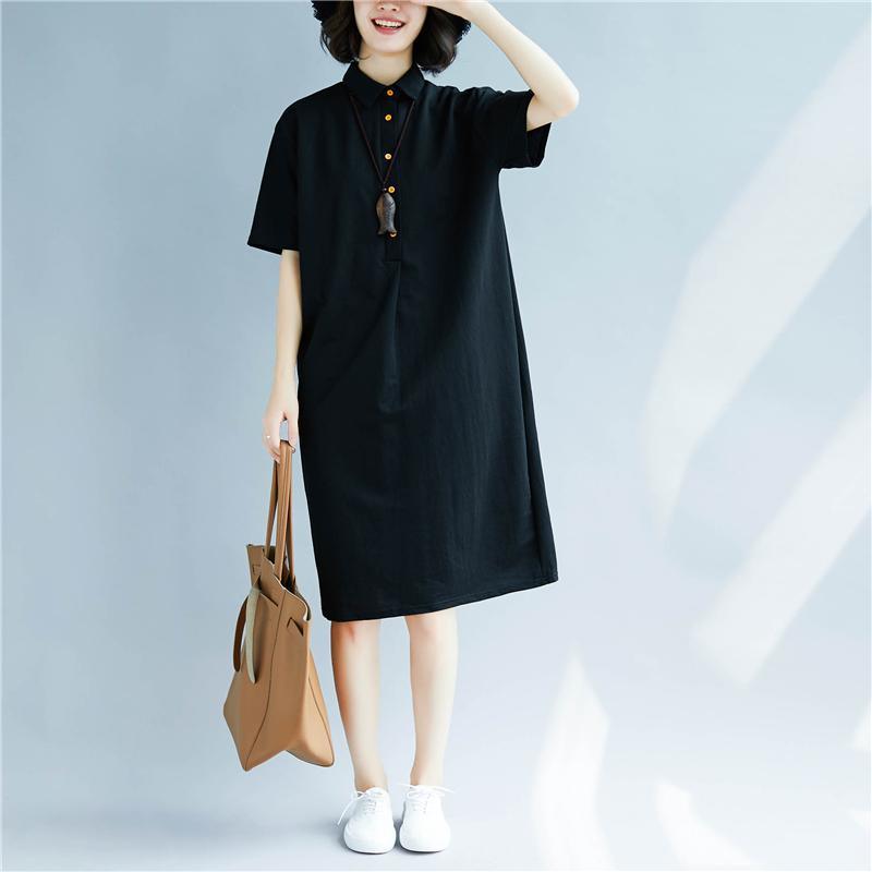 New black cotton shift dresses trendy plus size cotton dress top quality short sleeve Turn-down Collar cotton dress - Omychic