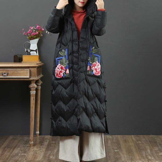 New black goose Down coat Loose fitting embroidery pockets womens parka hooded Luxury winter outwear - Omychic