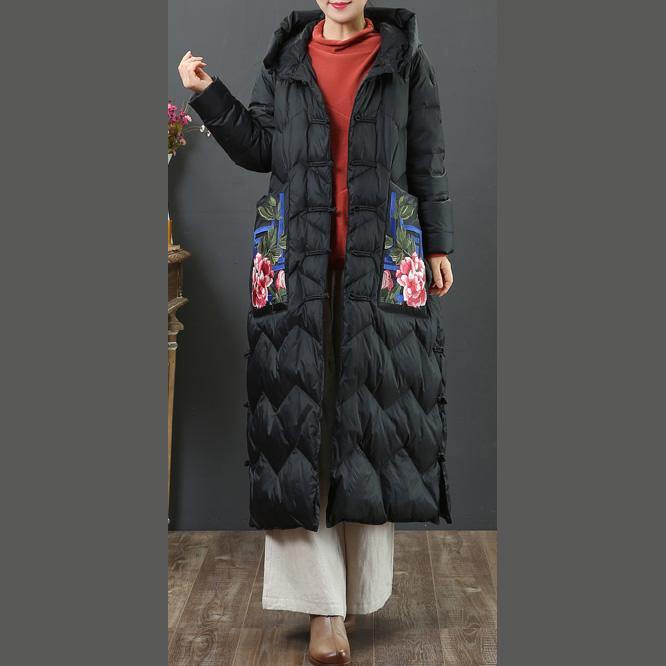 New black goose Down coat Loose fitting embroidery pockets womens parka hooded Luxury winter outwear - Omychic