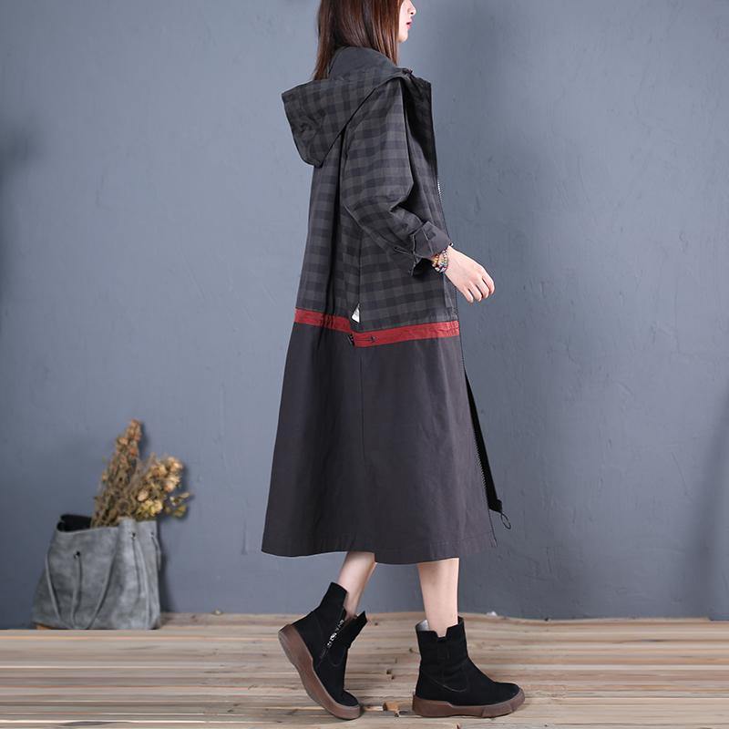New black hooded coat for woman Loose fitting long  fall coat patchwork - Omychic