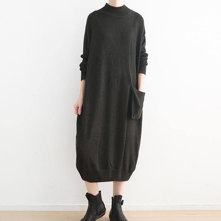 New black knit dress oversize high neck winter dress New pockets asymmetric winter dresses - Omychic