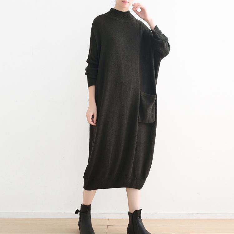 New black knit dress oversize high neck winter dress New pockets asymmetric winter dresses - Omychic