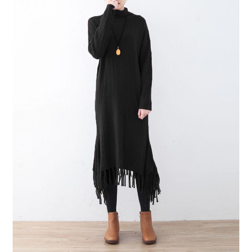 New black knit dresses oversize high neck spring dresses pockets Tassel pullover - Omychic