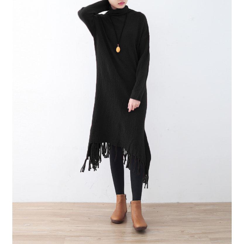 New black knit dresses oversize high neck spring dresses pockets Tassel pullover - Omychic