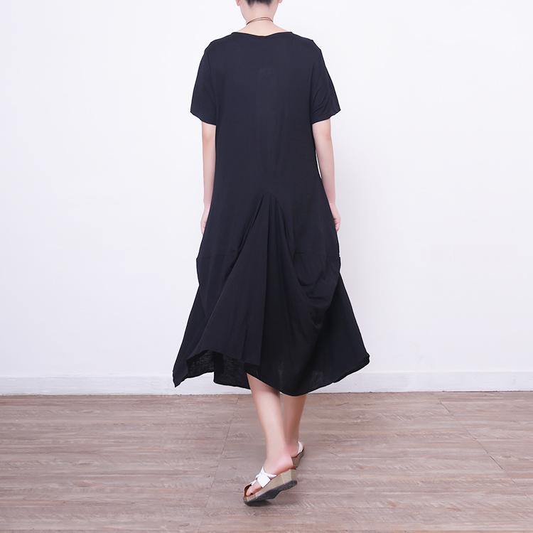 New black linen dress casual short sleeve linen clothing dress vintage asymmetric hem linen caftans - Omychic