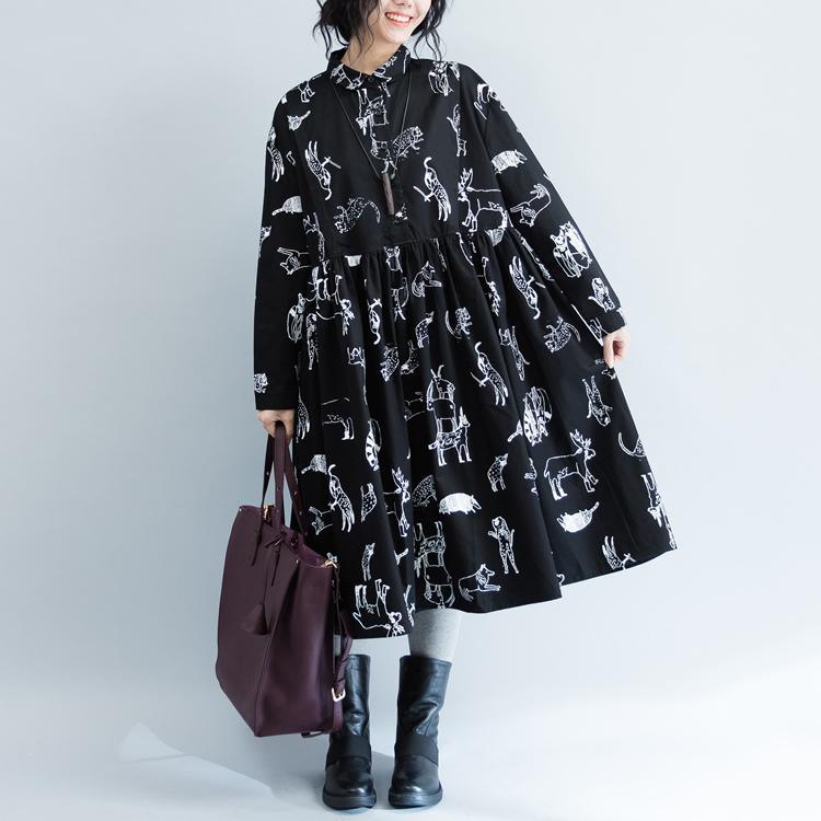 New Black Print 2021 Fall Dress Plus Size Clothing Turn-down Collar Large Hem Cotton Gown Fine Long Sleeve Baggy Dresses - Omychic