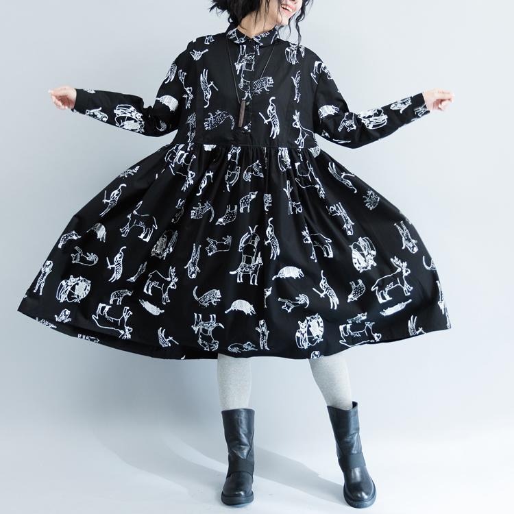 New Black Print 2021 Fall Dress Plus Size Clothing Turn-down Collar Large Hem Cotton Gown Fine Long Sleeve Baggy Dresses - Omychic
