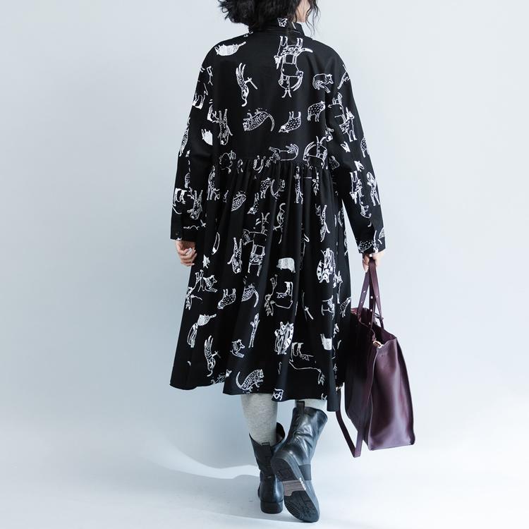 New Black Print 2021 Fall Dress Plus Size Clothing Turn-down Collar Large Hem Cotton Gown Fine Long Sleeve Baggy Dresses - Omychic