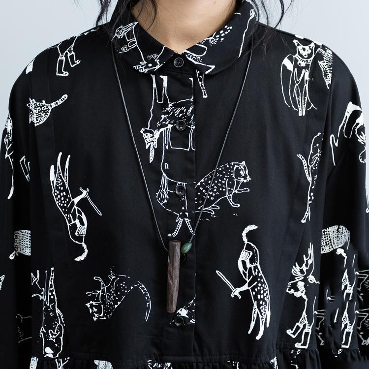New Black Print 2021 Fall Dress Plus Size Clothing Turn-down Collar Large Hem Cotton Gown Fine Long Sleeve Baggy Dresses - Omychic