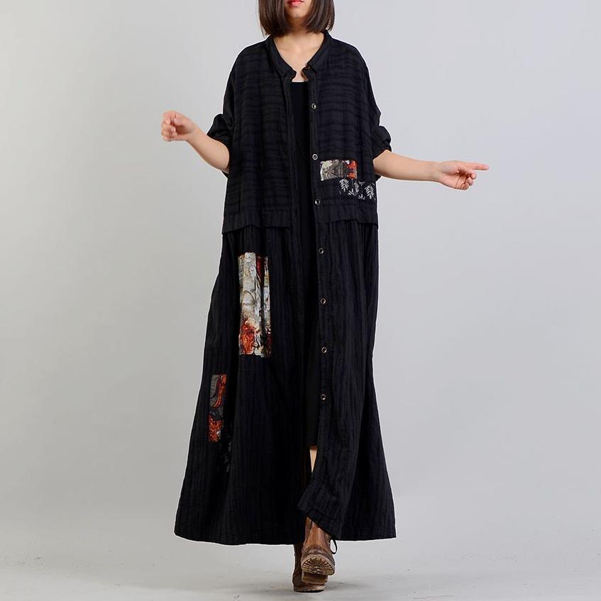 New black print coats plus size clothing long stand collar women patchwork coats - Omychic