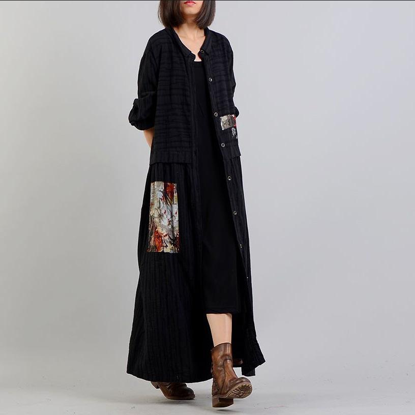New black print coats plus size clothing long stand collar women patchwork coats - Omychic