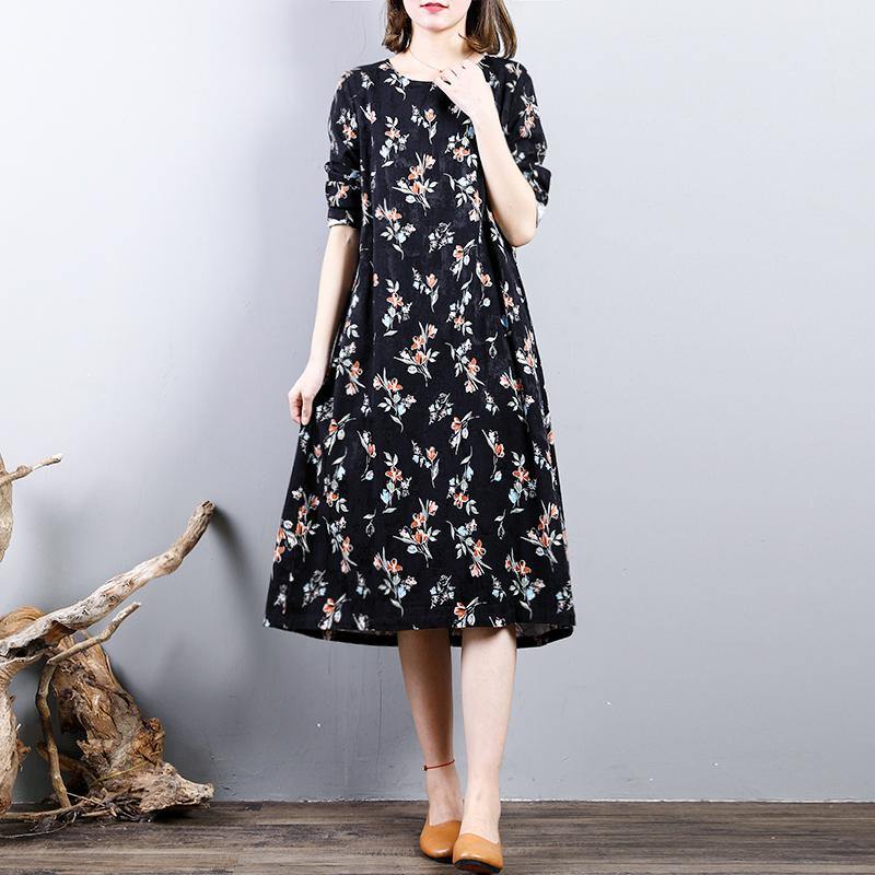 New black prints autumn cotton dress plus size o neck cotton gown casual long sleeve maxi dresses - Omychic