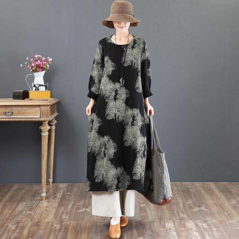 New black prints autumn cotton dress plus size o neck traveling dress boutique long sleeve caftans - Omychic