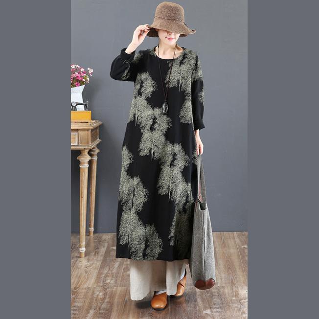 New black prints autumn cotton dress plus size o neck traveling dress boutique long sleeve caftans - Omychic