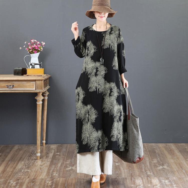 New black prints autumn cotton dress plus size o neck traveling dress boutique long sleeve caftans - Omychic
