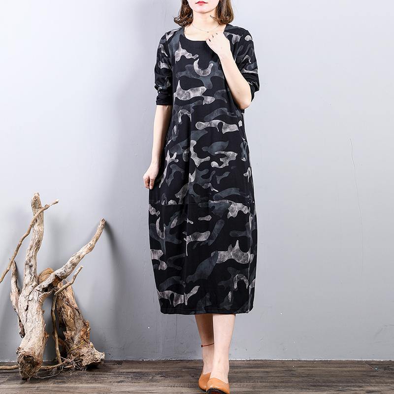 New black prints cotton dress oversize traveling clothing long sleeve 2018 o neck cotton clothing - Omychic