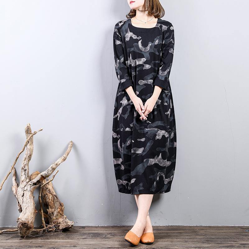 New black prints cotton dress oversize traveling clothing long sleeve 2018 o neck cotton clothing - Omychic