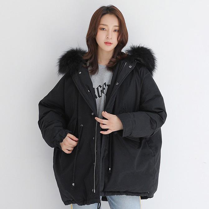 New black warm winter coat Loose fitting back open womens parka fur collar coats - Omychic