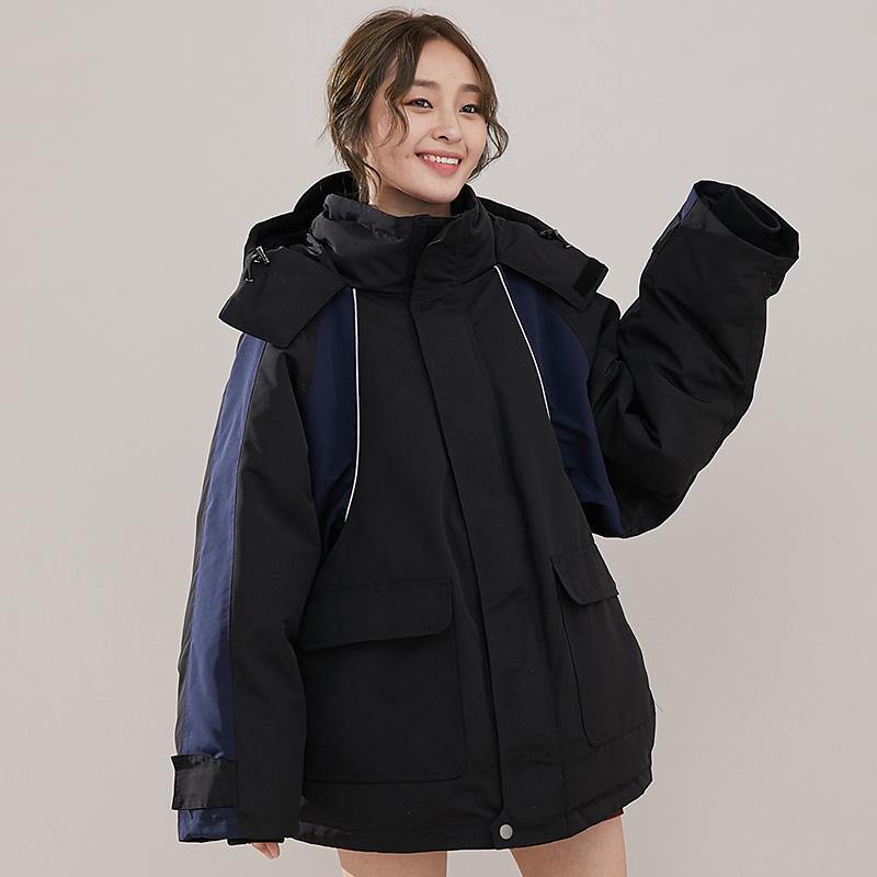 New black warm winter coat trendy plus size patchwork down jacket hooded winter outwear - Omychic