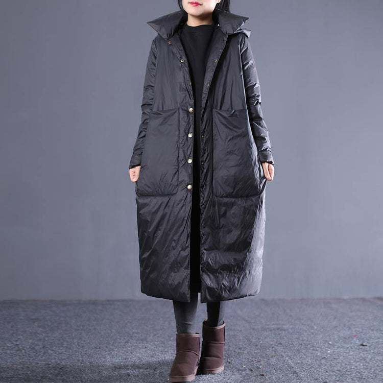 New black winter down coat plus size hooded quilted coat thick Large pockets down coats - Omychic