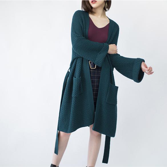 New blackish green Wool Coat trendy plus size flare sleeve tie waist cardigans Fine pockets maxi coat - Omychic