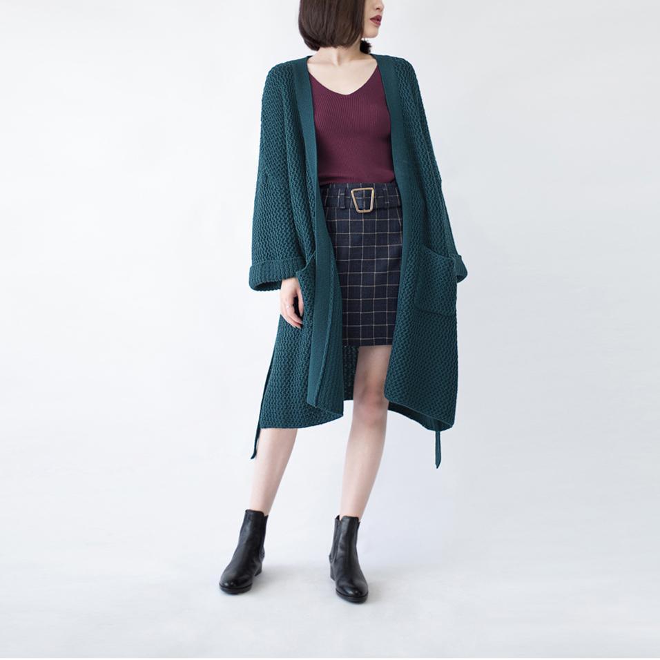 New blackish green Wool Coat trendy plus size flare sleeve tie waist cardigans Fine pockets maxi coat - Omychic