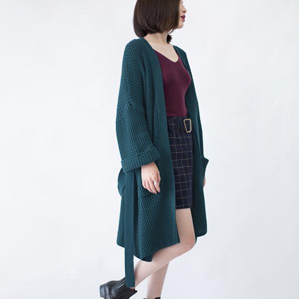 New blackish green Wool Coat trendy plus size flare sleeve tie waist cardigans Fine pockets maxi coat - Omychic