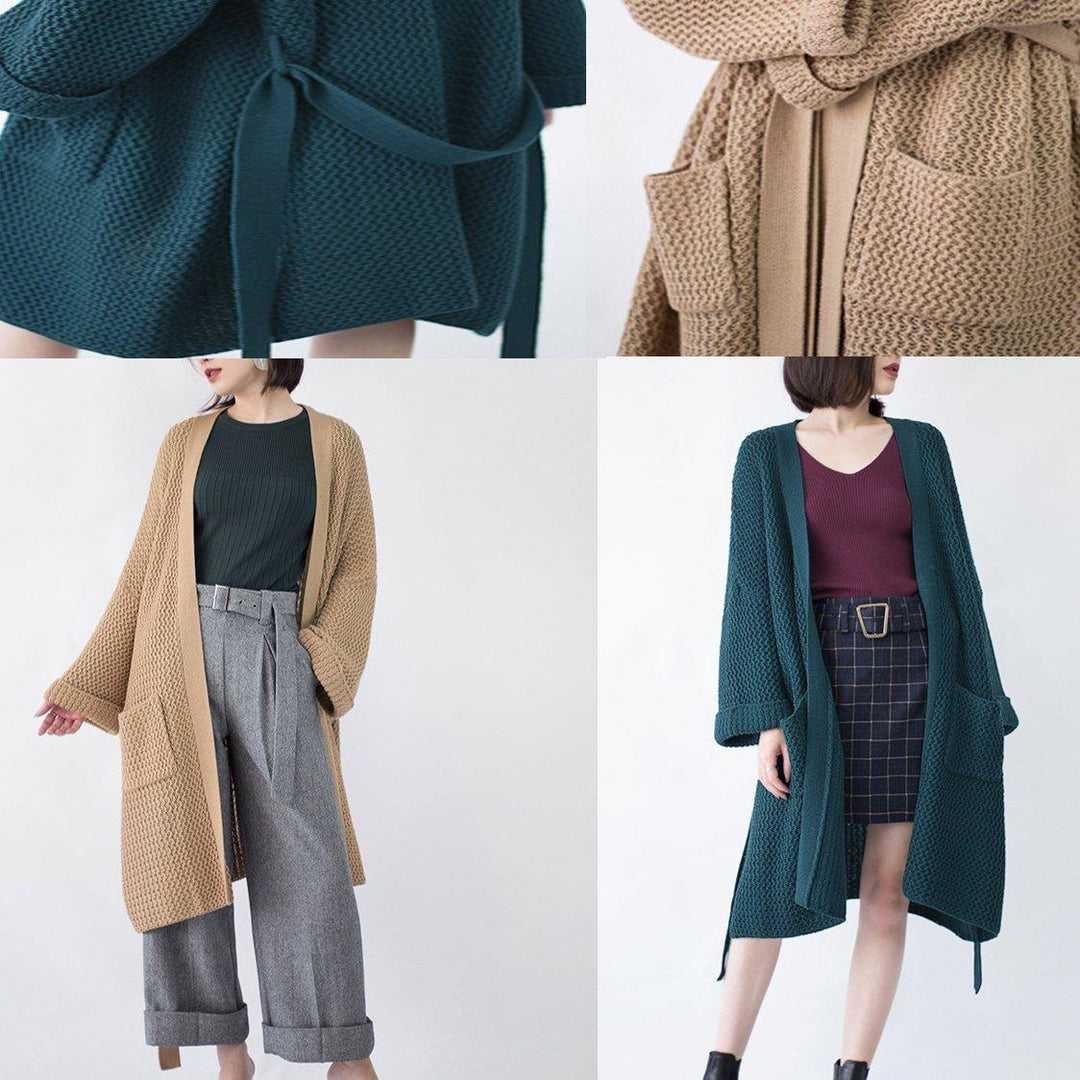 New blackish green Wool Coat trendy plus size flare sleeve tie waist cardigans Fine pockets maxi coat - Omychic