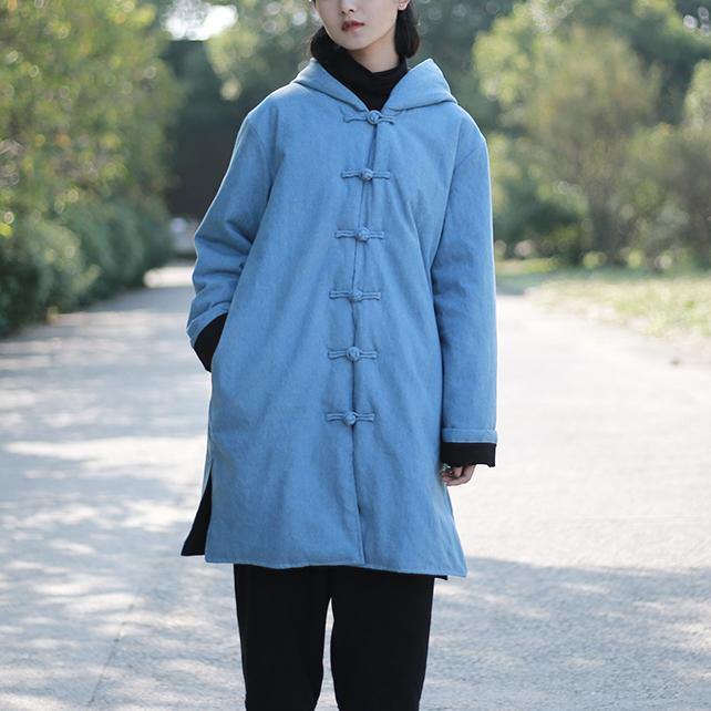 New blue Jackets & Coats trendy plus size hooded Coat 2018 side open long coat - Omychic