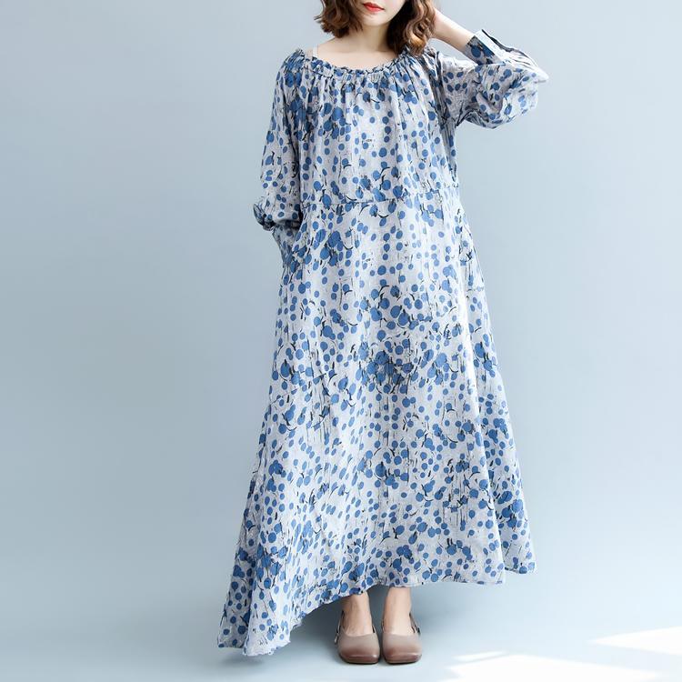 New blue dotted cotton linen dress oversized O neck baggy dresses traveling clothing Fine lantern sleeve exra large hem dresses - Omychic