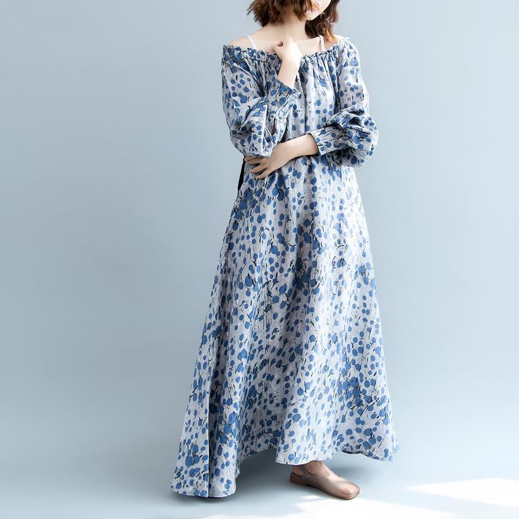 New blue dotted cotton linen dress oversized O neck baggy dresses traveling clothing Fine lantern sleeve exra large hem dresses - Omychic