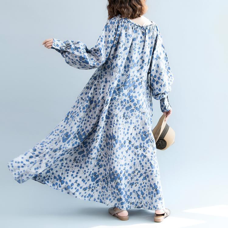 New blue dotted cotton linen dress oversized O neck baggy dresses traveling clothing Fine lantern sleeve exra large hem dresses - Omychic